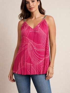 Elie Tahari Pleated Pink Printed Sleeveless Blouse Top Chain Strap Size S-M